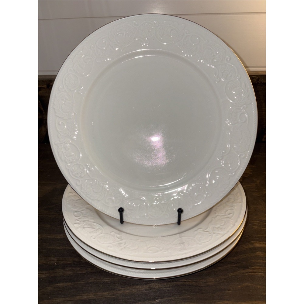 4-Farberware Calais 4173 Dinner Plate 10.5" Scroll White w/ Gold Trim